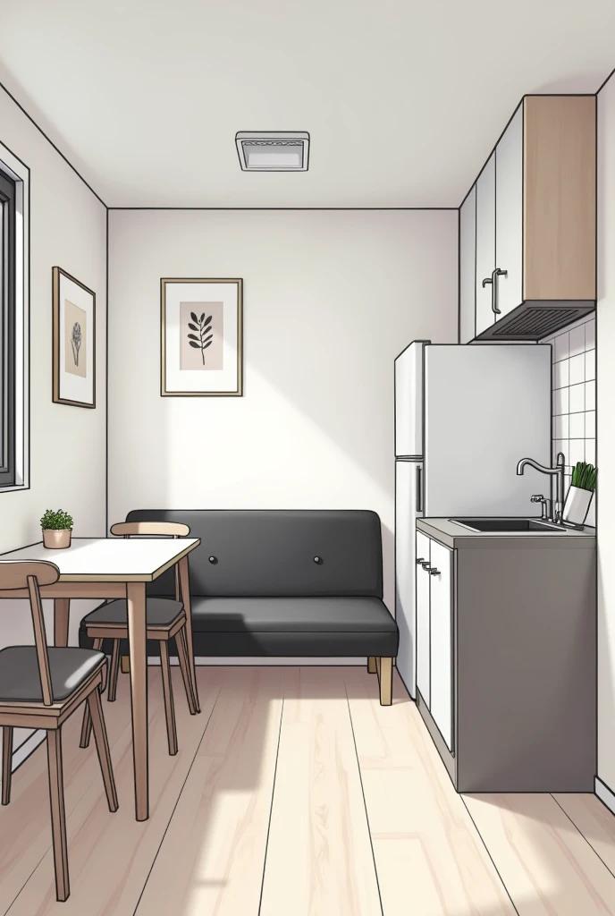 small room with a kitchen, a table with dining chairs and a sofa, combine the room with a kitchen, white walls, black sofa, kitchen furniture includes a sink and a combined stove, the furniture overlooks a small window next to a single door refrigerator, m...