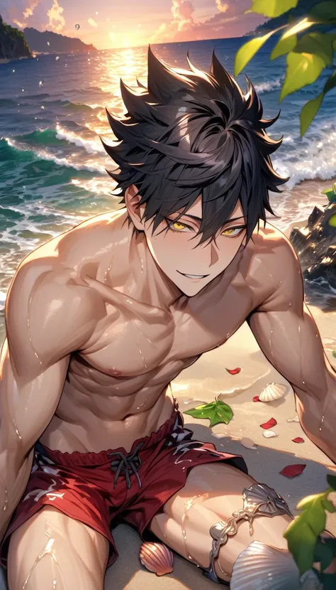 Ultra detailed, Highres, absurdres, HDR, master piece, Kuroo Tetsurou, black hair, hair between the eyes, expressive yellow eyes, Haikyuu, without shirt, bare chest, toned chest, sexy man lying down on the sand, handsome, solo, beach, red shorts, water, gl...