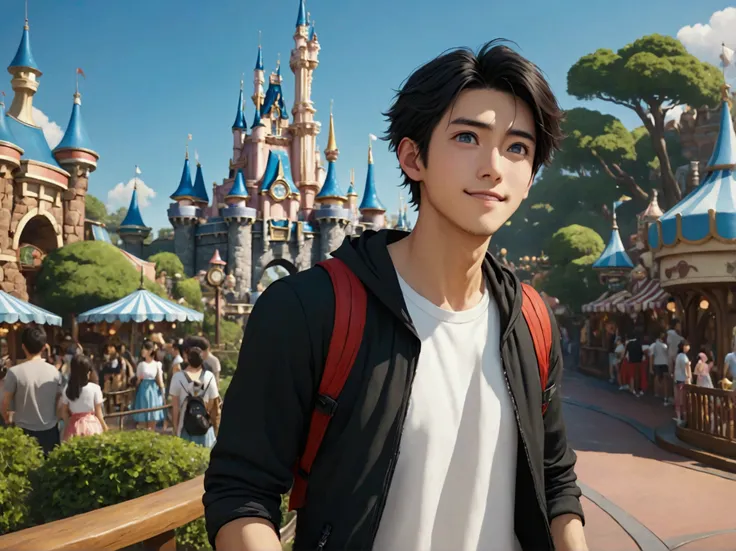 Japanese,25-30 years old, Handsome and sporty outfit ， fair skin, black eyes（thin eyes 1：3), (Super detailed, Realistic, best quality, 4K, 8k, High resolution, masterpiece:1.3),  The background is Disneyland tomorrow land. he is very happy