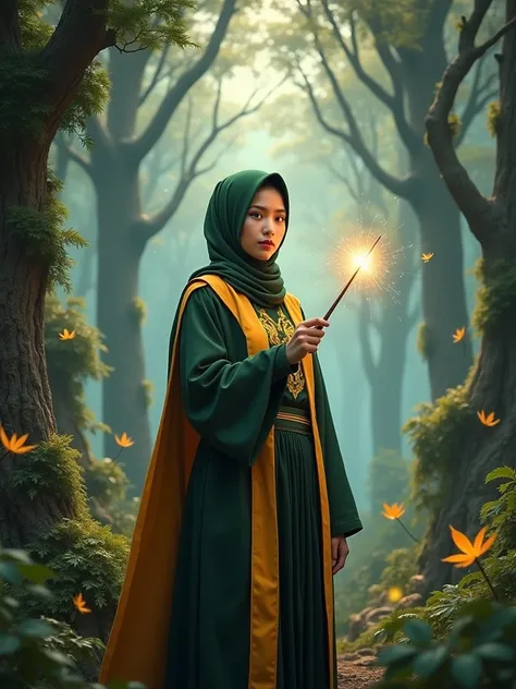 Capture the enchantment of the Wizarding World as the Malay woman in hijab dons a Hogwarts- Hufflepuff house inspired outfit, wielding a wand in a magical forest, reminiscent of scenes from the Harry Potter series