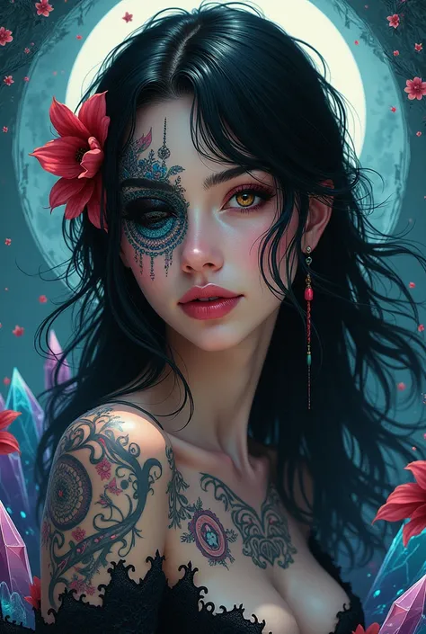 crystal style art, full body a very beautiful attractive woman with black hair, happy smile, inspired by Ryan Barger, fantasy art, sakimichan frank franzzeta, a womans face is one third covered with impressive unique tattoos, greg rutkowski, beautifully in...