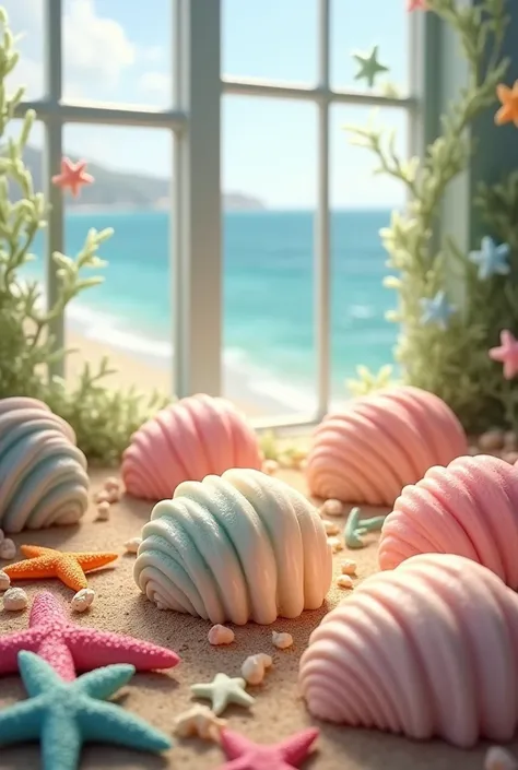 Shell-shaped sweets, Pisces, seaweed and starfish in a seaside bakery