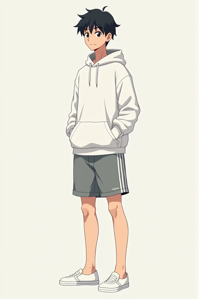 young man anime character,
sem beard,
white sweatshirt coat,
gray shorts with white stripes on the sides,
white slipper