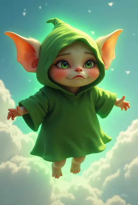 Human-faced Gremblin flying with green aura wearing green hooded clothes and bored face