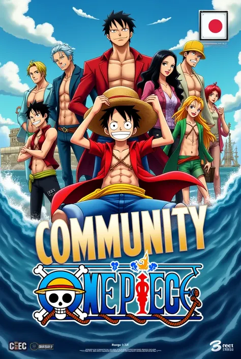 I need you to create an image for me that I can print on a 1&quot; poster..10m * 0,80m that says in big letters “community 3” and that has the CEC logo and the One Piece logo as well, that everything has to do with one piece.