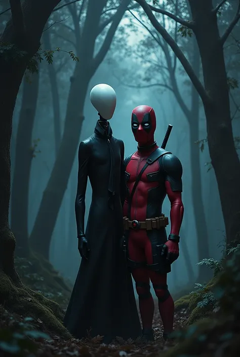 A selfie of two iconic characters in a dark forest. o Slenderman, the other is Deadpool. The image should have a fun and weird tone, with soft horror lighting and realistic night environment 