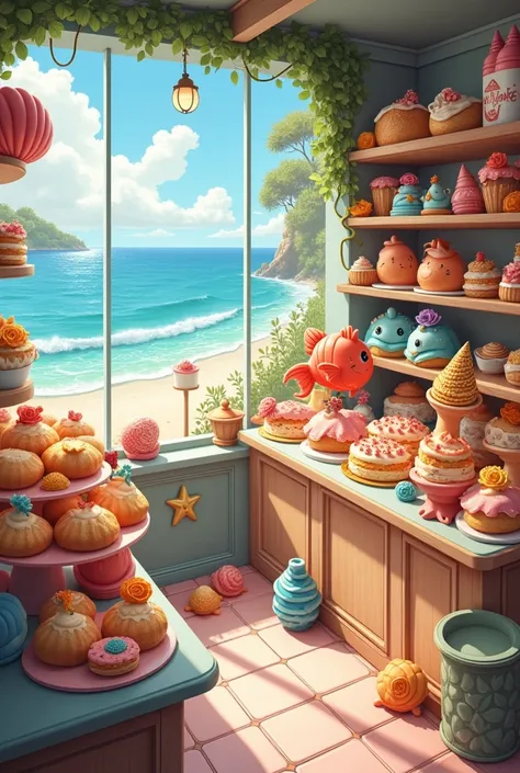 Shell-shaped sweets, fish and starfish in a seaside bakery