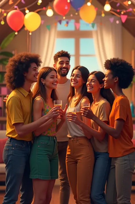 Create an image where six people are celebrating together