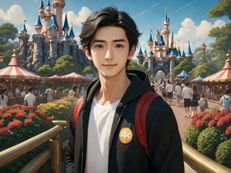 Japanese,25-30 years old, Handsome and sporty outfit ， fair skin, black eyes（thin eyes 1：3), (Super detailed, Realistic, best quality, 4K, 8k, High resolution, masterpiece:1.3),  The background is Disneyland tomorrow land. he is very happy