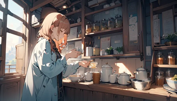 background：A corner of the cafe bathed in morning light。
expression：A calm and relaxed smile。
Costume：Casual shirt and jeans。
Pause：Looking outside with a cup in hand。
scene：In the silence of the morning、A moment of relief。

(Detailed fingers), (Emotional)...