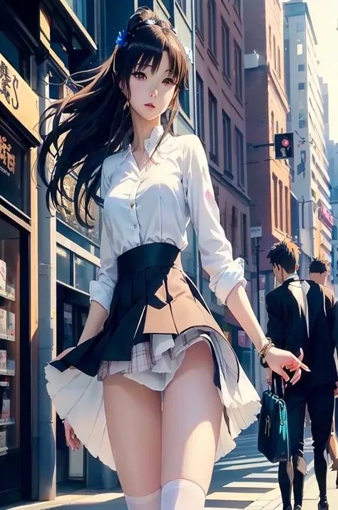 anime girl in short skirt and stockings walking down the street, beautiful anime woman sedutora, anime girl in real life, seductive anime girl, attractive anime girl, intriguing outfit, A hyper-realistic student, hyper realistic anime, beautiful anime woma...