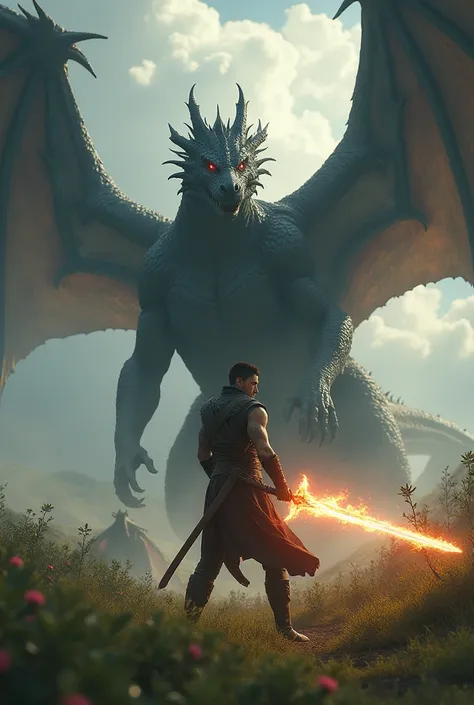 a strong,  young man, serious-looking man, fighting powerful red eyed black dragons, in the background are several colossal dragons. the man is brandishing a sword of blinding light. The landscape is of green fields in the background. Lord of the Ring, Sky...