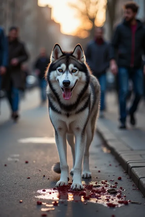 Husky dog killing black people on the street, lots of blood and people crying