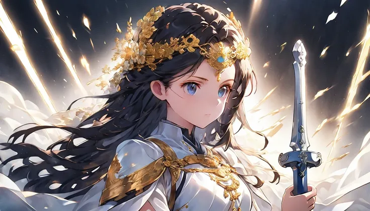 "An anime-style illustration of a strong, radiant female warrior standing confidently, depicted in a full-body shot from head to toe. She is adorned in gleaming armor with golden accents that reflect the light, and her long flowing black hair glows with an...