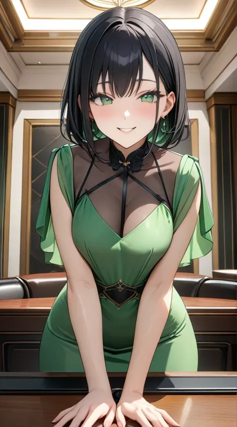 ((masterpiece)), ((Highest quality)), ((High resolution)), ((In detail)),((Highest quality, 8k, masterpiece)) Please draw a beautiful black-haired woman。Green Eyes、Short black hair with a center part、She is wearing a long green dress that barely reveals an...