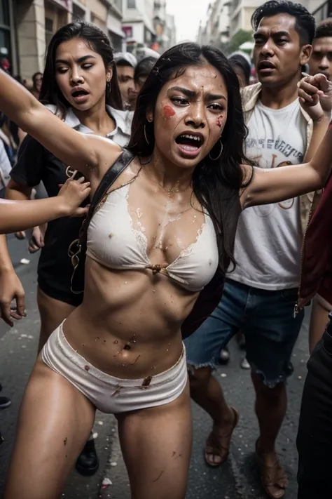 A riot peoples bloody revolution in Indonesian, a young sweet beautiful Indonesian georgeus girl, twenty two years old, slim body, glamor and rich girl, crying out being pulled and pushed by peoples and she is lifted up brutaly by some adult men to the str...