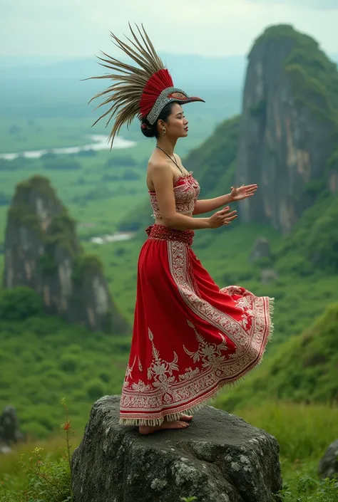 Photoshot of a beautiful woman wearing a red and white Dayak tribal dress and wearing a bird&#39;s head mah kota dancing on a big rock that looks like a green and beautiful meadow