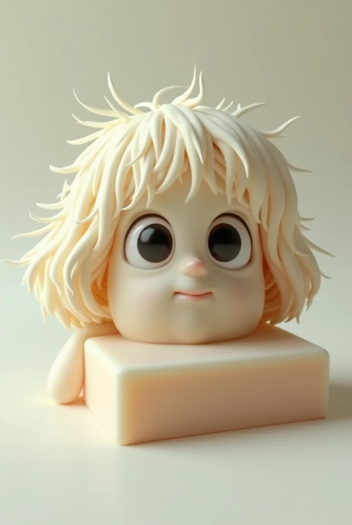 A soap with eyes and a wig