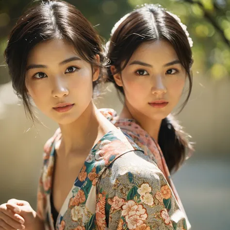 A hyper-realistic image of a single Japanese woman in her early 20s, captured from the shoulders up with the nostalgic warmth and subtle graininess of a film camera. She is wearing a traditional yukata with a vibrant, cute design featuring bold and colorfu...