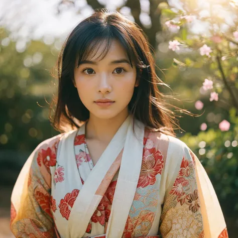 A hyper-realistic image of a single Japanese woman in her early 20s, captured from the shoulders up with the nostalgic warmth and subtle graininess of a film camera. She is wearing a traditional yukata with a vibrant, cute design featuring bold and colorfu...