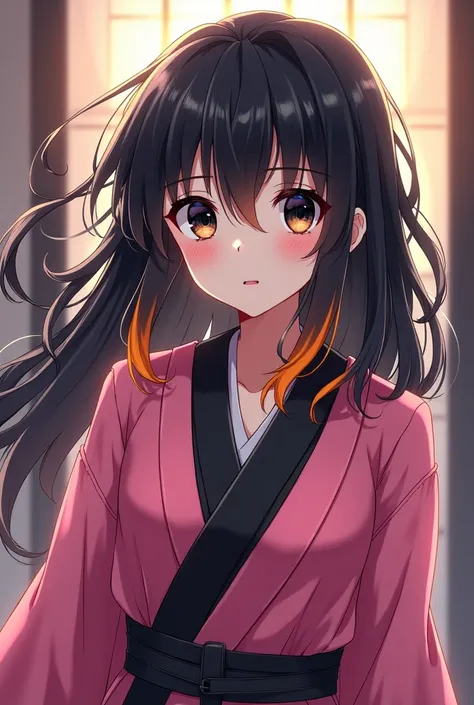 Nesuko anime girl nesuko character with black hair orange tips black eyes pink otaku robe under the robe another black robe