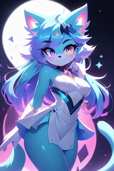 whole body,((best qualityer)), ((Masterpiece artwork)), (detailded), complete body, facing at viewer, face perfect, cabelo roxo, Star Guardian, short cyan hair, heterochromia, eyeballs roxos e cianos, eyeballs roxos brilhantes, long eyelashes, cyan blue fu...