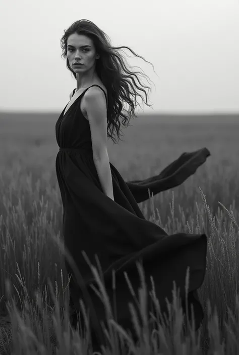 woman in a dress standing in a field of tall grass, inspired by Katia Chausheva, wild languid woman, black and white art photography, by Katia Chausheva, in a field, by Lucia Peka, in an empty field, by Caro Niederer, in a dark field, in a dry field, by Li...