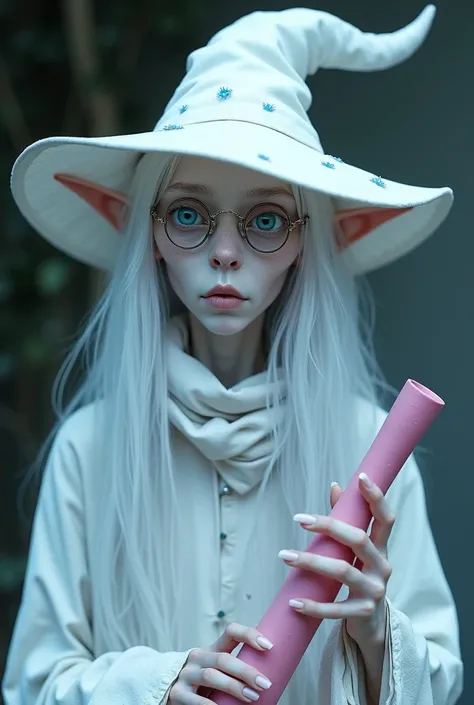 Imagine an albino wizard with an ethereal and mysterious appearance. your skin is extremely pale, almost translucent, and he is thin, with marked facial features that express deep fatigue. Your blue eyes shine brightly, with an intriguing peculiarity: one ...