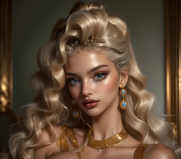 ((hyperrealism)), ((masterpiece)), ((breathtaking)) photo portrait of a gorgeous goddess with voluminous curly blonde hair, huge light grey sparkling eyes, very full luscious lips, ((dark silky skin with ethereal shimmer)), long eyelashes, very long neck, ...