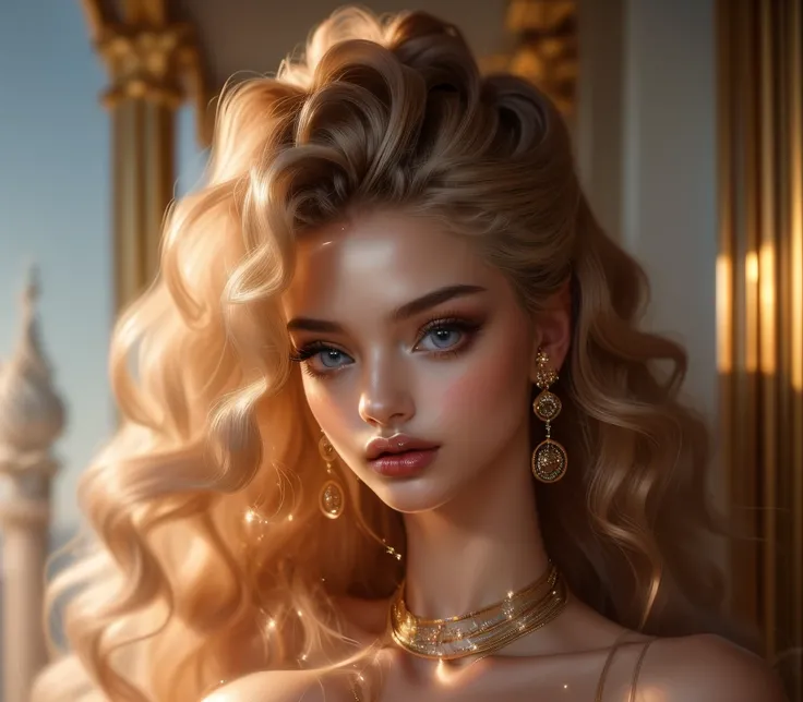 ((hyperrealism)), ((masterpiece)), ((breathtaking)) photo portrait of a gorgeous goddess with voluminous curly blonde hair, huge light grey sparkling eyes, very full luscious lips, ((dark silky skin with ethereal shimmer)), long eyelashes, very long neck, ...