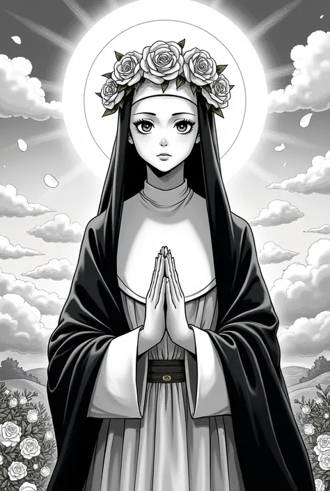 Create a manga about Santa Rosa de Lima, with a spiritual landscape, heavenly and a rose garden, She is her habit and her roses on her head, Also that the image reflects a message and its holy values, in black and white 