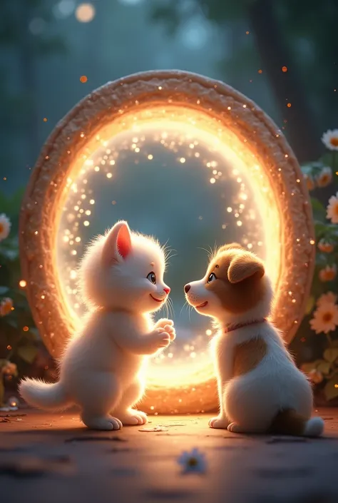 create a kitten meeting his dog friend through a portal

