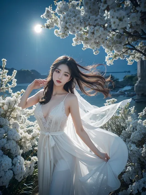 Romantic Rose White Dress 2, Deep in Wonderland，The moonlight falls like water，foggy room，The figure of the heroine is vaguely visible，Just like the fairy in the painting，Slender sexy legs，Very beautiful legs，Show sexy，Large Breasts，Beautiful with a hint o...