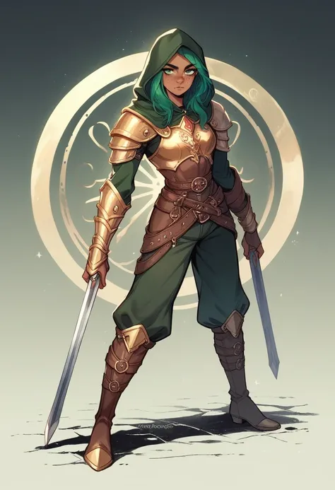  , young elf woman with a scar over her left eye, in a comics seinen style, heroic medieval fantasy. Medium height, long emerald green hair, piercing green eyes with black eyeliner, thin straight nose, fleshy sensual mouth, lightly tanned skin with freckle...