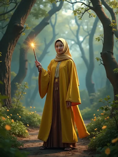 Capture the enchantment of the Wizarding World as the Malay woman in hijab dons a Hogwarts- Hufflepuff house inspired outfit, wielding a wand in a magical forest, reminiscent of scenes from the Harry Potter series