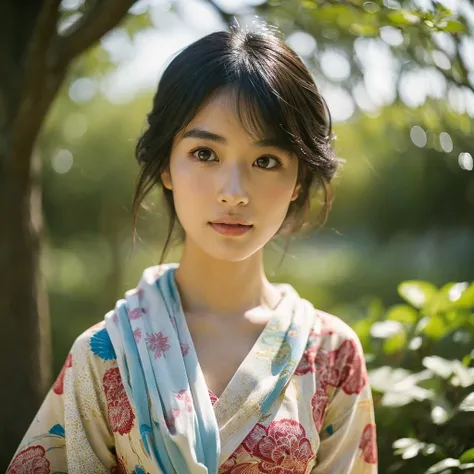 A hyper-realistic image of a single Japanese woman in her early 20s, captured from the shoulders up with the nostalgic warmth and subtle graininess of a film camera. She is wearing a traditional yukata with a vibrant, cute design featuring bold and colorfu...