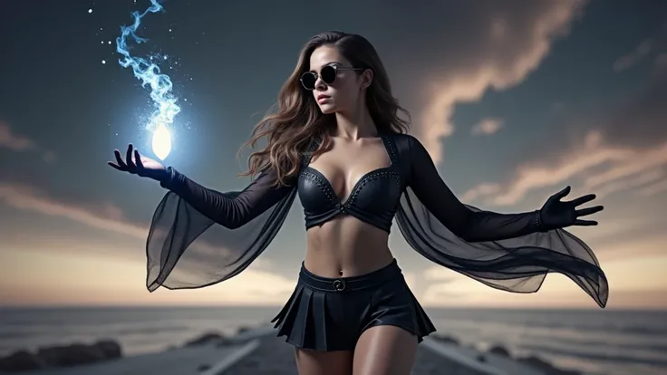 A young futuristic female sorcerer with a glowing floating small crystal stone, releasing mysterial spell and magical power, facing and defeating dark forces and beings. She stands with her right hand raised forward with a blue fire of light, floating ghos...