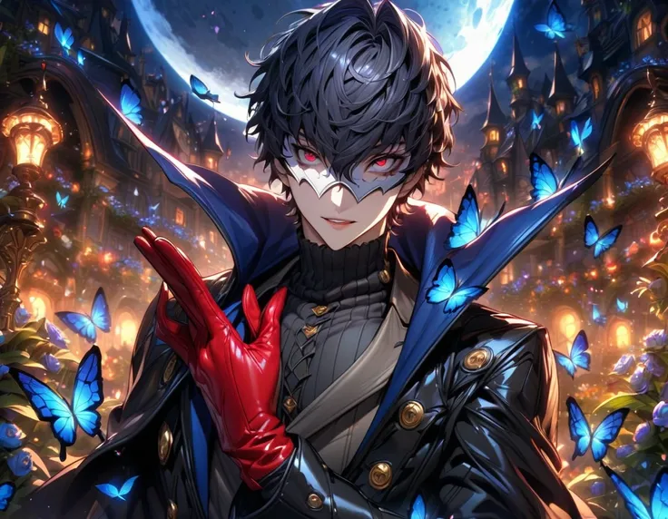 absurdres, highres, ultra detailed, HDR, masterpiece, extremely detailed, Joker, black hair, expressive red eyes, persona 5, solo, sexy man, handsome, sensual, adult face, black coat, dark gray turtleneck vest, red gloves, white eye mask, fantasy, garden, ...