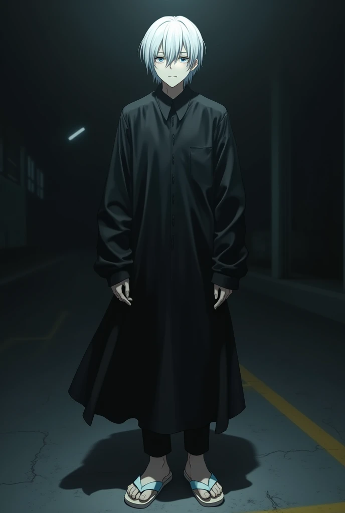 ANIME character man, 
pale white skin, 
long sleeved shirt in black, 
short cor branca, 
white flip flops.

theme: dark