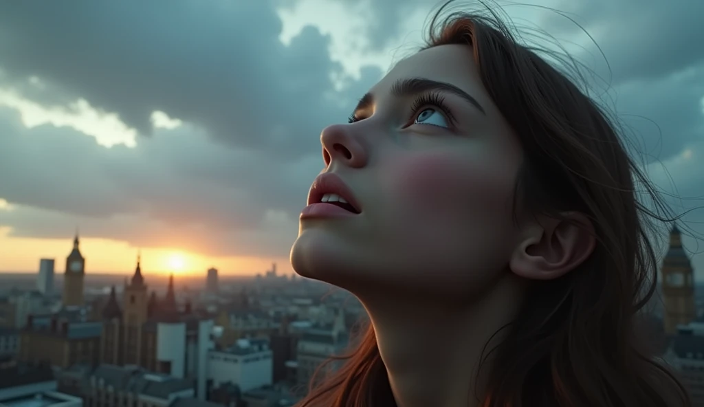 a beautiful detailed girl in London 2024 looking up at the sky in fear, close up, photorealistic, cinematic lighting, dramatic atmosphere, hyper detailed, octane render, 8k, unreal engine, highly detailed facial features, intricate details, cinematic depth...