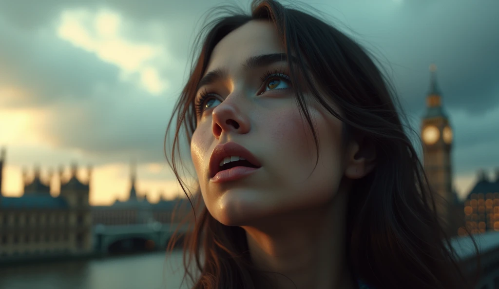 a beautiful detailed girl in London 2024 looking up at the sky in fear, close up, photorealistic, cinematic lighting, dramatic atmosphere, hyper detailed, octane render, 8k, unreal engine, highly detailed facial features, intricate details, cinematic depth...