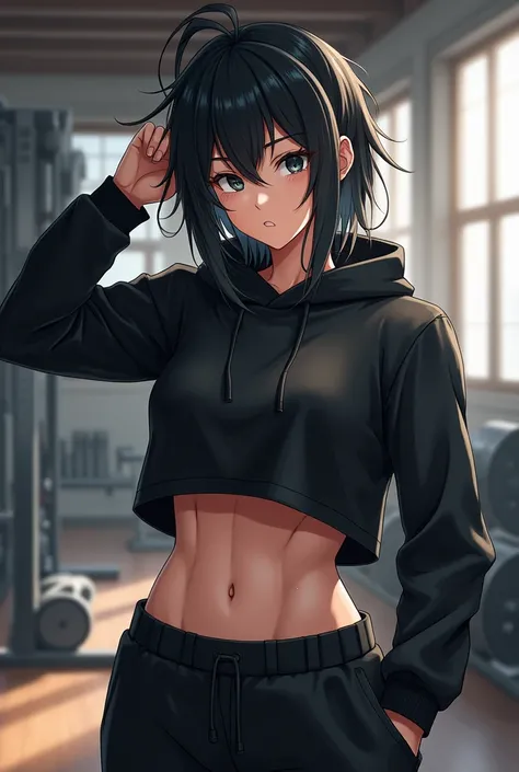 Adult anime woman, with black messy hair, black eyes, black sweat shirt shirt, sweat pants, fit physique, looking cool, a a little bit of muscle definition, sweating, focused look, fixing her hair, gym background 