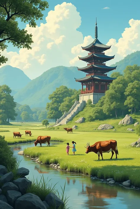  The fields near the pagoda have cows grazing, children playing in the water