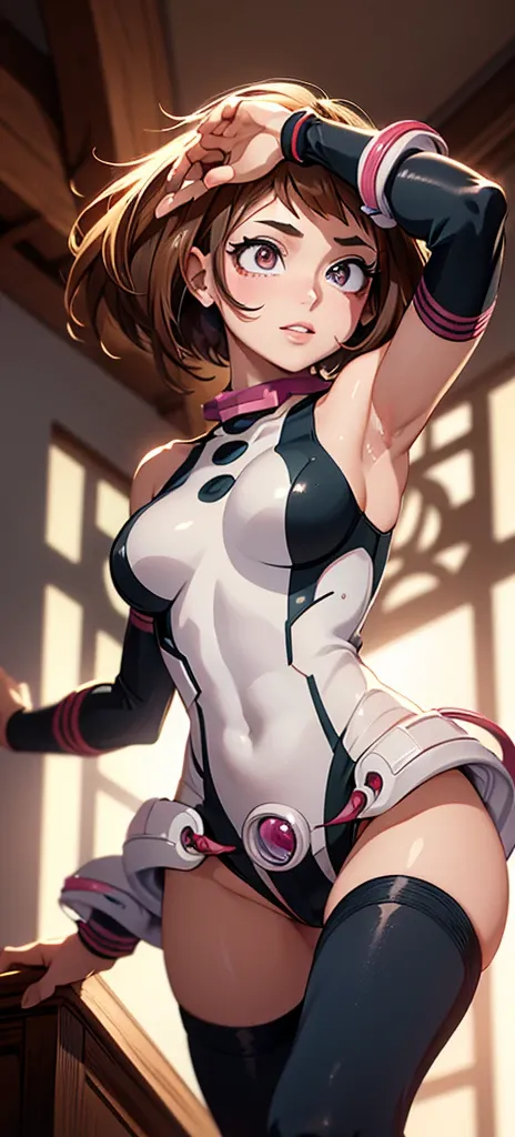 Best Quality,4k,high resolution,Masterpiece:1.2), (ultra detailed), (Ochacho Uraraka) (My hero academia Settings), (pose sexual), (realist,photorealist,photo-realist:1.37), (HDR,HD), (portrait), (vivid colors), detailed eyes), (beautiful detailed lips), (e...