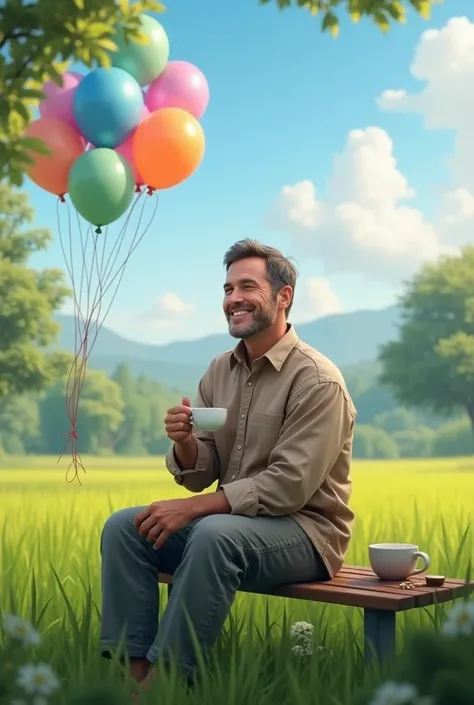 Realistic, handsome man 40 years short hair, thin smile, wearing light brown shirt and faded gray pants, drinking coffee, sitting on a bench , green rice fields on the background, trees, cloud and blue sky in the morning, balloons, happy birthday atmospher...