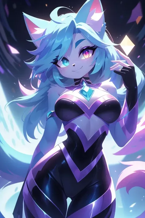 whole body,((best qualityer)), ((Masterpiece artwork)), (detailded), complete body, facing at viewer, face perfect, cabelo roxo, Star Guardian, short cyan hair, heterochromia, eyeballs roxos e cianos, eyeballs roxos brilhantes, long eyelashes, cyan blue fu...