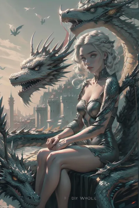  woman 30 years old, winterfel ,game of thrones clothes, dark castle, a woman (baela targaryen), black woman, black skin (black skin) medium hair, curly hair (white hair), (gray eyes) . Indifferent look , merciless. (sitting in  the dragons:1.2), flying, d...