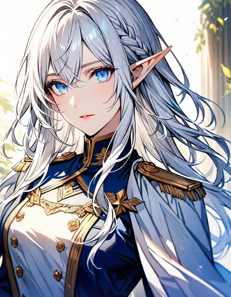 (Highest quality), (Very detailed),so beautiful, female elf, white hair long, detailed blue eyes, handsome, noble uniform, beautiful detailed eyes, long hair, half braided hair