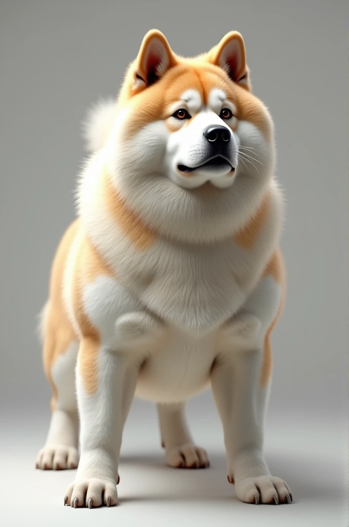 Produce a 4K ultra-realistic photo of an Akita with a strong, muscular body and a colorful coat, such as white or brindle. The Akita should be shown in a commanding pose with a serious expression, highlighted by rich fur tones.”