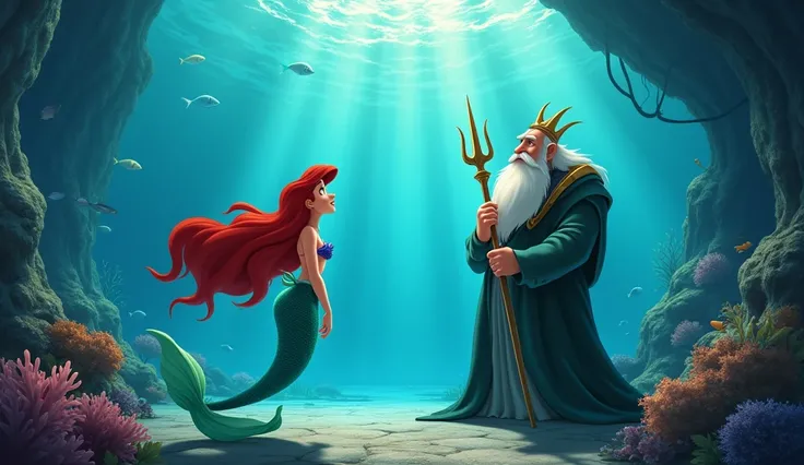 Ariel looking at the surface while talking to her father King Triton